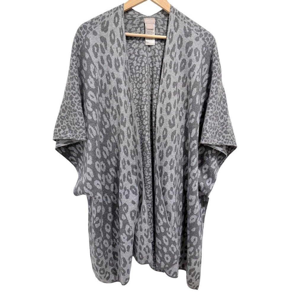 Chico’s Gray Leopard Print Open Front Vest Lightweight L Draped Kimono Topper